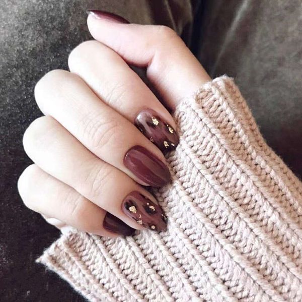 

deep-cafe leopard-print gold-foil nail prosthetic finished nail patch removable wear patch tape glue short, Red;gold