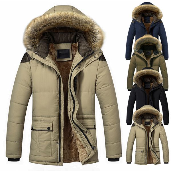 

men winter parkas 2019 thickened down cotton padded coats casual long cotton warm coat wool fur collar streetwears homme coats, Black