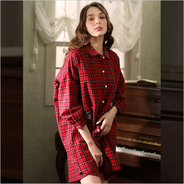 

2020 spring female casual loosen fat plaid nightydress ladies 100% cotton nightgown women turn-down collar cardigan sleepshirt, Black;red