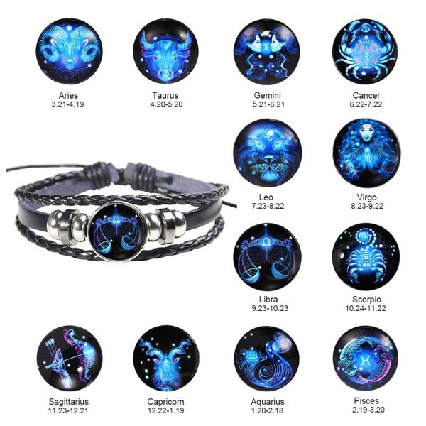

seanuo blue glass 12 созвездие зодиака ручной работы кожа браслет для мужчин женщины open регулируемое пара wrap браслеты подарков, Golden;silver