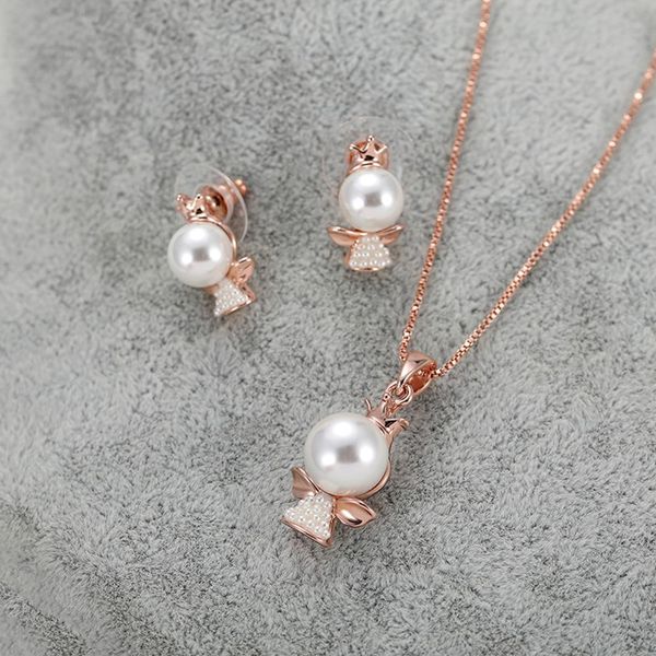 

cute little angel faux pearl pendant necklace earrings women charm jewelry set collier mariage, Silver