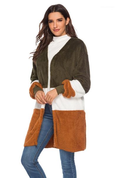 

wool cardigan fashion panelled womens faux fur rib cuff long sleeve spliced ladies coat donna casual, Black