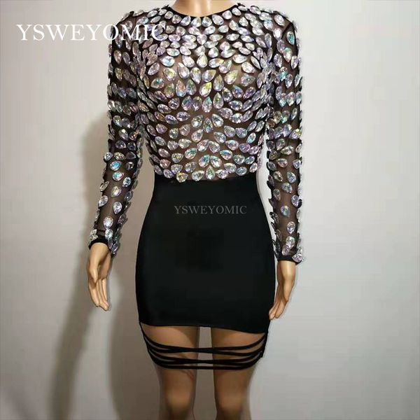 

2019 women's birthday celebrate outfit shiny rhinestones long sleeves crystal dance costume short dress for gilrs, Black;red