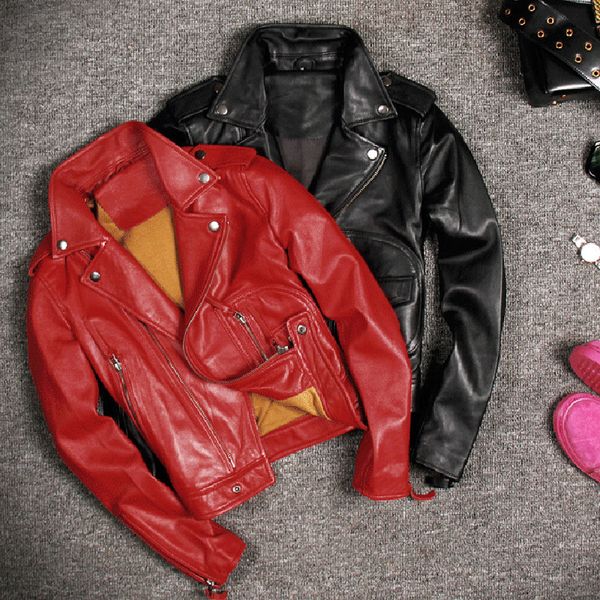 

classical sheepskin real leather jackets and coats women streetwear black red european striped genuine leather jacket 3xl a582
