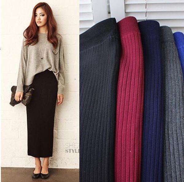 

дизайнер длинные юбки осени 2019 и зимы твердая thicker длинные юбки женщин офис пакет maxi леди шик rib knit карандаш midi юбки, Black