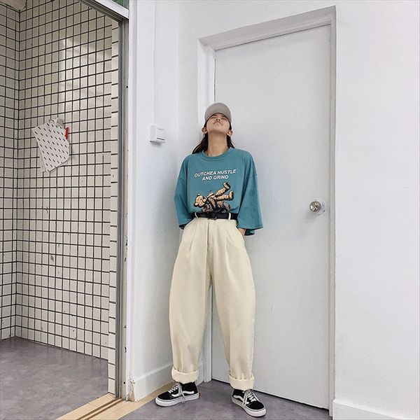 

2020 женские футболки куртки свободные футболки куртки средних с короткими рукавами ины моды ленивый ветер и долго стиль, White