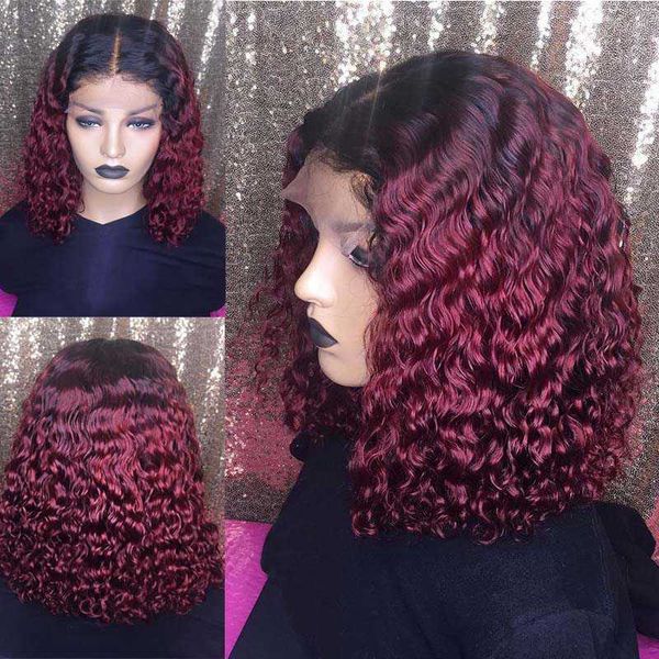 

13x6 ombre 27 color 99j kinky curly lace front human hair wig 250% density honey blonde remy hair wigs with baby, Black;brown