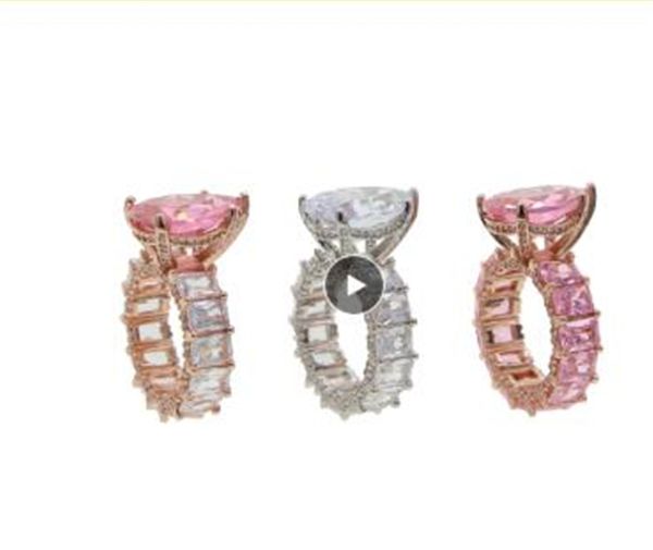 

pear shape cz wedding ring for women iced out bling full cz band luxury gorgeous women finger engagement ring, Slivery;golden