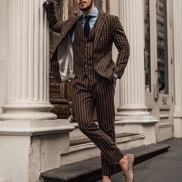 Moda Groom Wear Riscas dois botão repicado lapela dos homens de negócios formal Prom Smoking melhor homem Blazer Suit 3 Pieces (Jacket + Vest + calça)