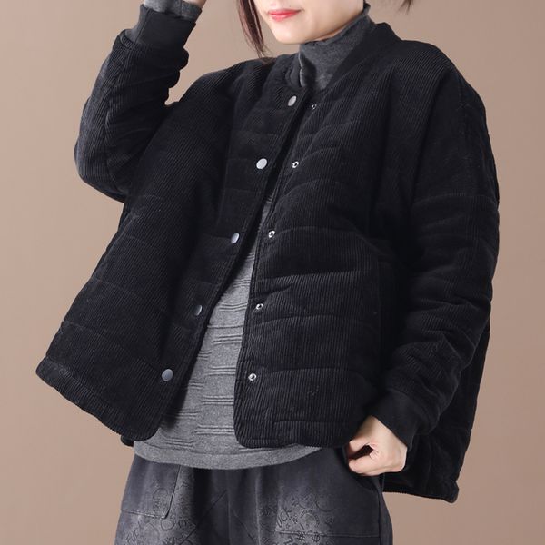 

ewq] 2019 winter new pattern round collar long sleeve solid color patchwork striped single breasted vintage corduroy coat ah591, Black
