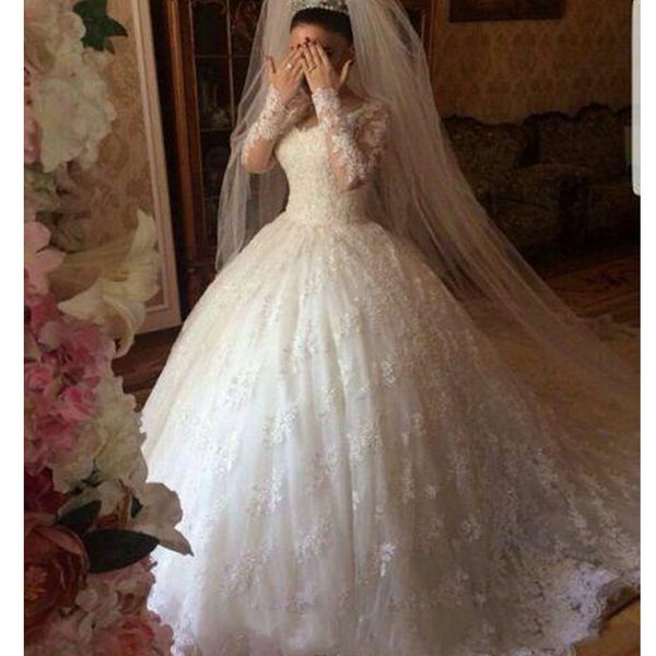 

modest princess long sleeve v neck lace wedding dresses 2020 new formal party bridal ball gown appliques special occasion high quality, White