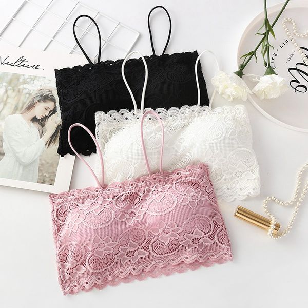 

lace embroidered solid color wrapped chest anti-glare detachable padded camisolea tube tube top, Black;white