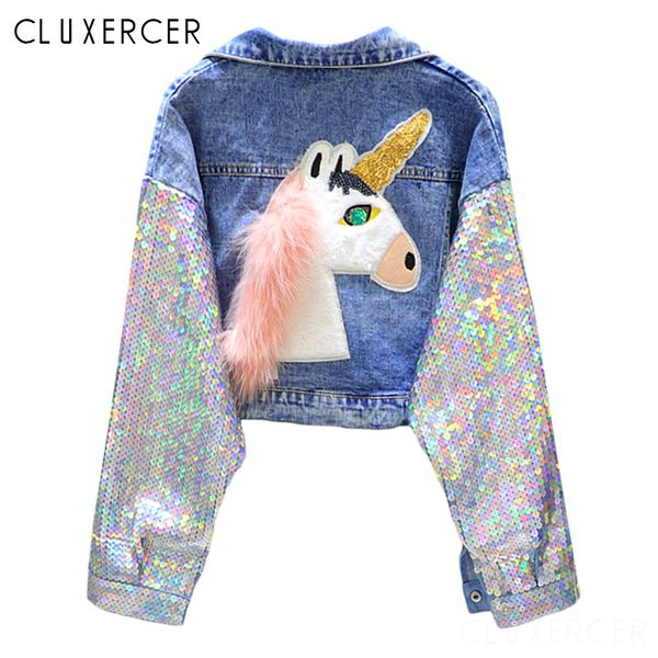 

new arrival unicorn sequins jeans coats women casual short slim cartoon denim jacket outerwear, Black;brown