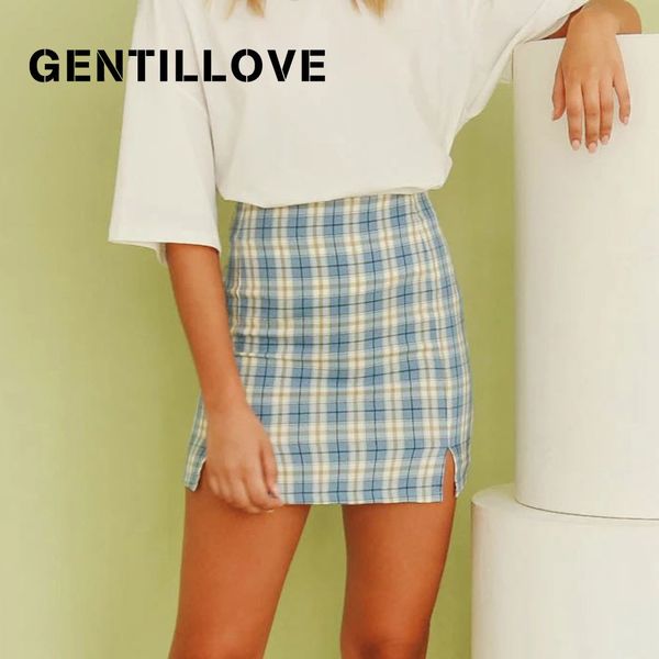 

gentillove elegant harajuku all-match short skirt women korean plaid mini skirt high waist side split vintage skirt bottom, Black