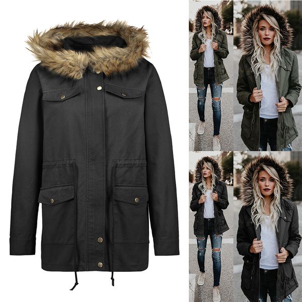 

women ladies jackets autumn winter hooded fur collar jumper, Tan;black