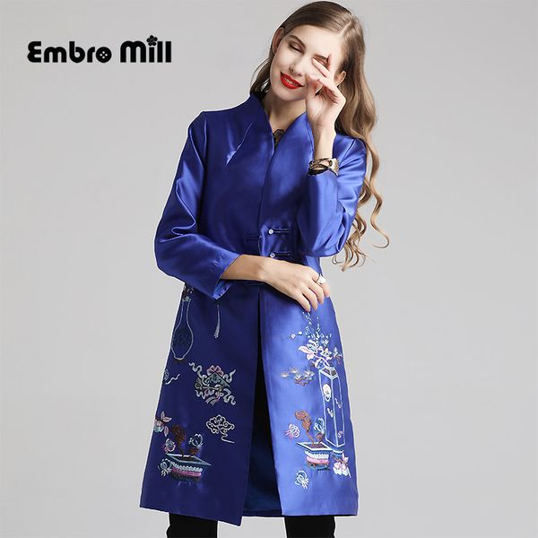 

autumn the new long section coat chinese style retro satin embroidery standing collar loose waist elegant women's coat -2xl, Tan;black
