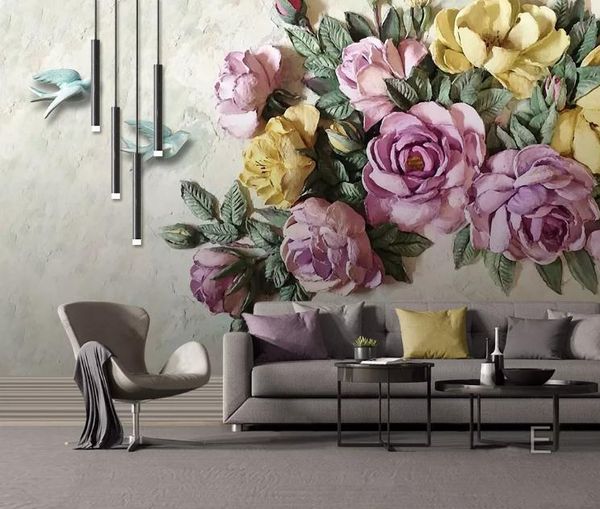 

custom wall mural large wall painting modern 3d stereoscopic3d embossed rose flower bird living room tv backdrop wallpaper
