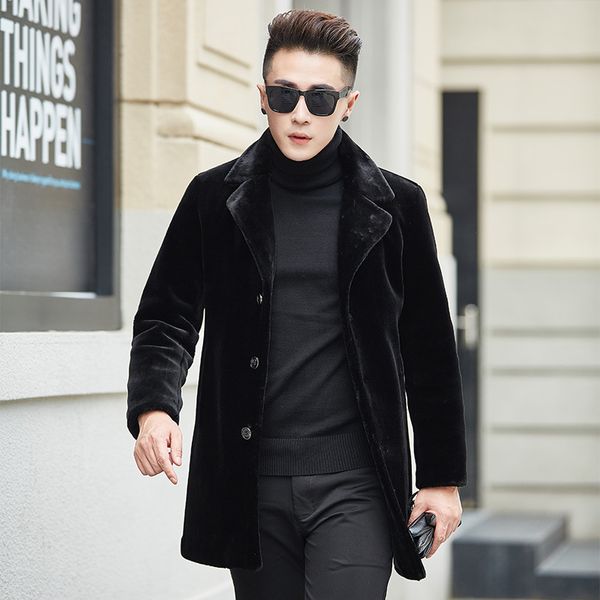 

brand shearling fur jacket men office casual suit collar single breasted fur outwear plus size 4xl winter medium long coats, Black