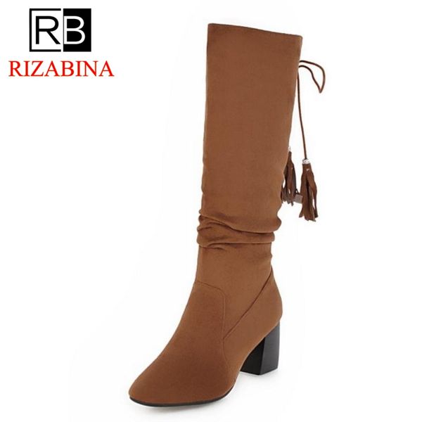 

rizabina size 34-43 new thick high heels women boots mid calf boot tssel lady flock shoes winter warm cross tied footwear, Black