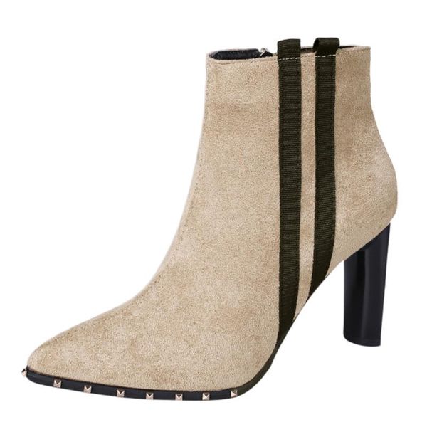 

women's pointed booties fashion striped side zipper high heel boots ladies color temperament rivet thick heel boots, Black