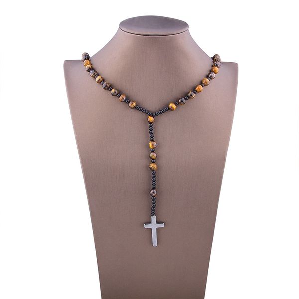 

cross charm necklace pendant jewelry fashion women natural stone tiger eye lotus pendant necklace 2019 pray beaded jesus gift, Black