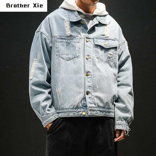 

hole denim jacket men's fashion washed solid color casual denim jacket man streetwear wild loose hip hop bomber m-5xl, Black;brown