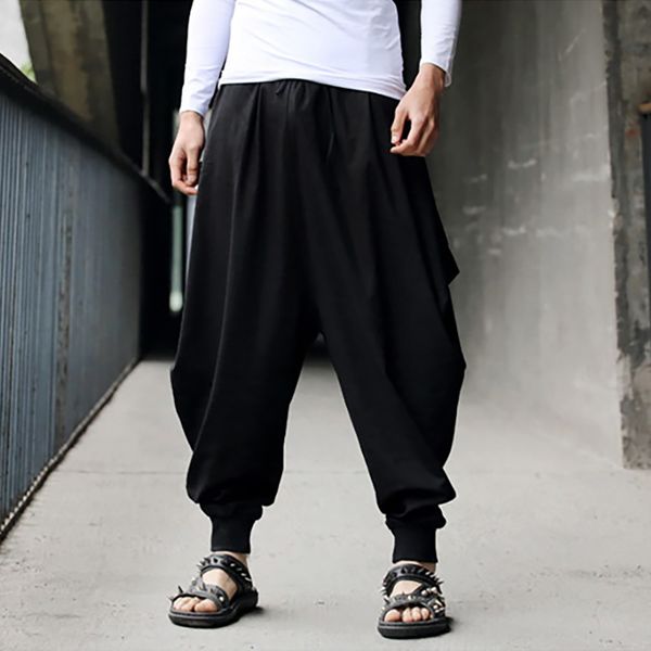 

men pants men's harem hip hop pants cotton linen ankle-length festival baggy solid color trousers retro gypsy loose pant c0605, Black