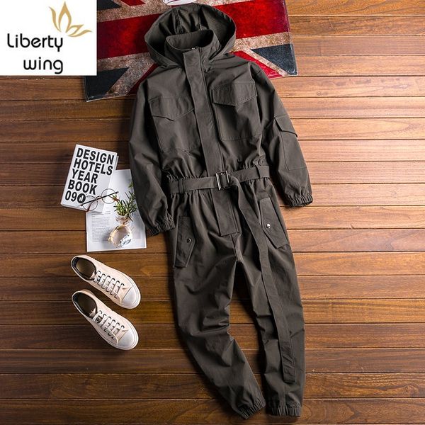 

2020 autumn new mens hoody overalls long sleeve jumpsuit joggers cargo pants hip hop casual jumpsuits sashes one piece rompers, Black
