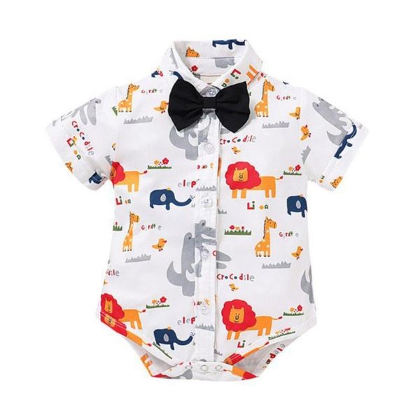 

newborn baby boys cartoon animals print short sleeve single breasted jumpsuit romper outfits, Blue