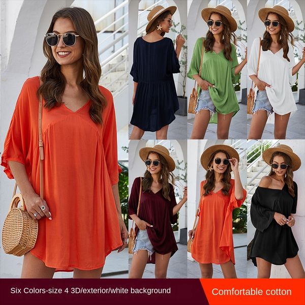 

2020 medium and long oblique shoulder solid color v-neck casual loose women's t-shirt 2020 medium and long oblique shoulder solid color, White