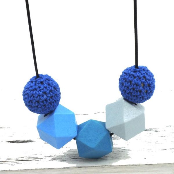 

fade blue color geometric wood beads crochet faceted necklace statement 2020 nw297, Silver