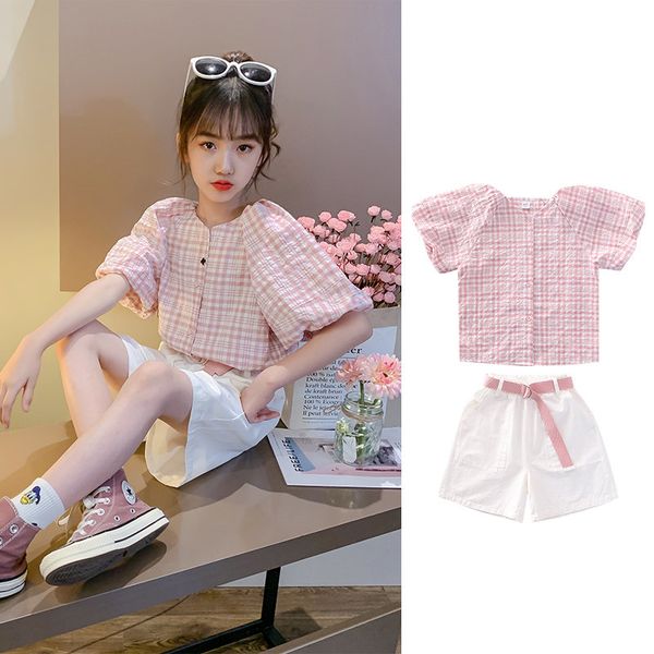 

sets teen clothes 2020 summer two-pieces suit plaid puff sleeve shirt + shorts with belt 4-14y children girls fashion outfit, White