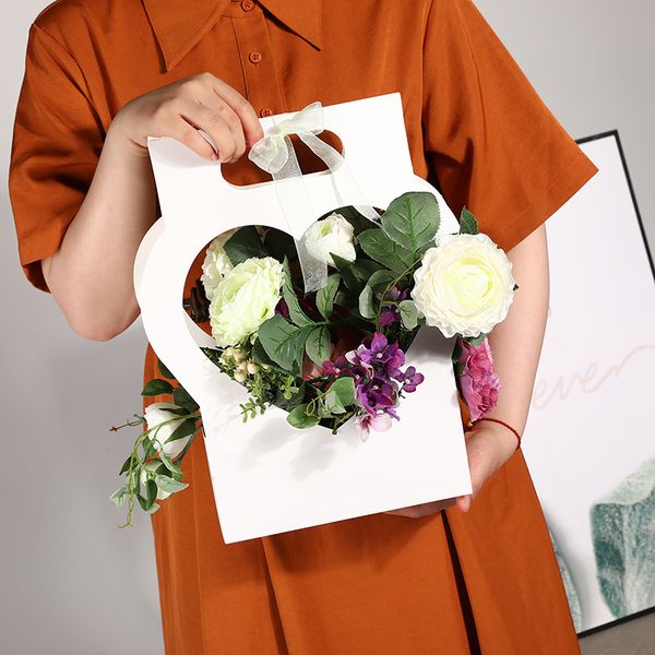 

1pc flower paper boxes with handhold hug bucket rose florist gift party gift packing cardboard packaging box bag