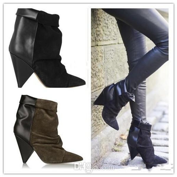 

is marant spike heel boots women genuine leather pointy toe ankle suede andrew wedge booties, Black