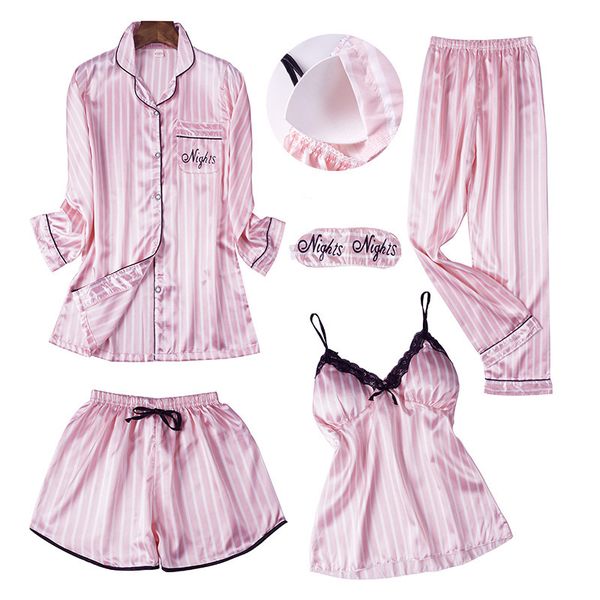 

spring summer women long sleeve print pajamas sets with pants spaghetti strap pijama 5 pieces homewear with chest pads, Black;red