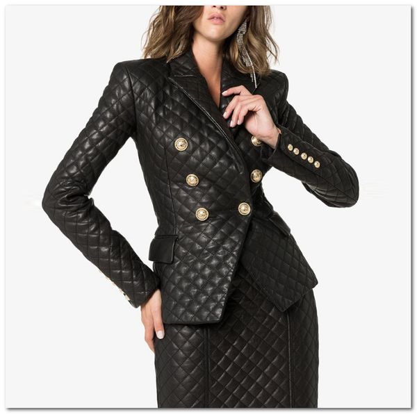 

old kids outwear girls double lion buckle blazers outwear 2020 spring new women plaid pu leather lapel long sleeve jacket j2905, Blue;gray