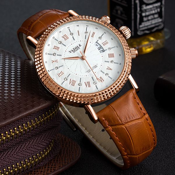 

yazole men watch fashion rose gold business wristwatch complete calendar men's watches relogio masculino, Slivery;brown