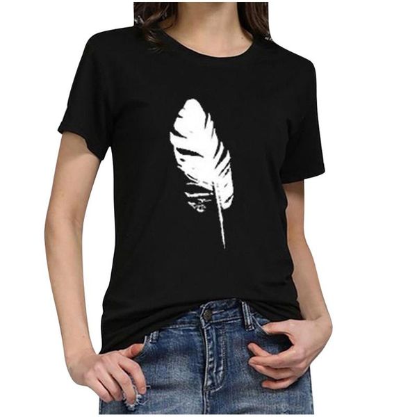 

womens clothing t-shirt fashion feather printed tshirt soild short sleeve loose womens casual tee shirt#p3, White