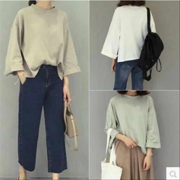 

loose round collar solid color simple nine-point sleeve t-shirt versatile base shirt female student fashion, White