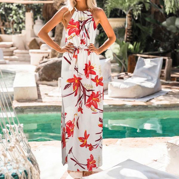 

fashion-women's dress 2019 fashion women print boho floral long maxi dress sleeveless evening party summer beach sundress o-neck #30, Black;gray