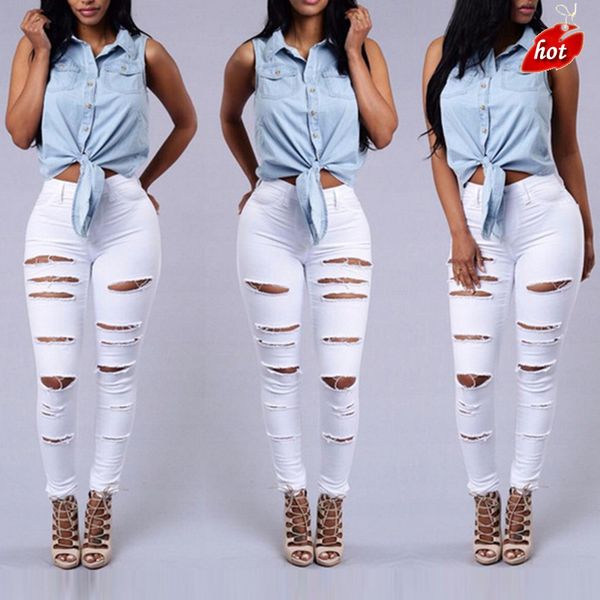 

summer style white hole cool denim high waist pants capris female skinny black casual jeans ripped jeans women o8r2, Blue