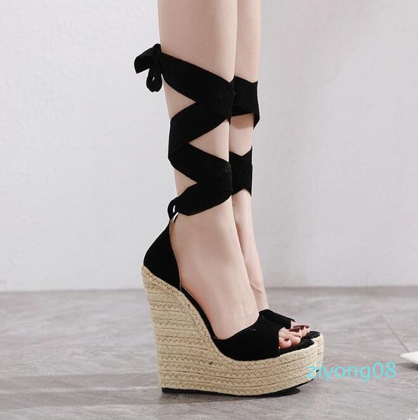 

2020 european station early spring new straps wedge rope thick bottom roman sandals z08, Black