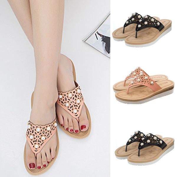 

xiniu womenÂ ladiesÂ flip-flops beach shoes hallow out bohemia pearl bead flat beach casual shoes summer fashion #0507, Black
