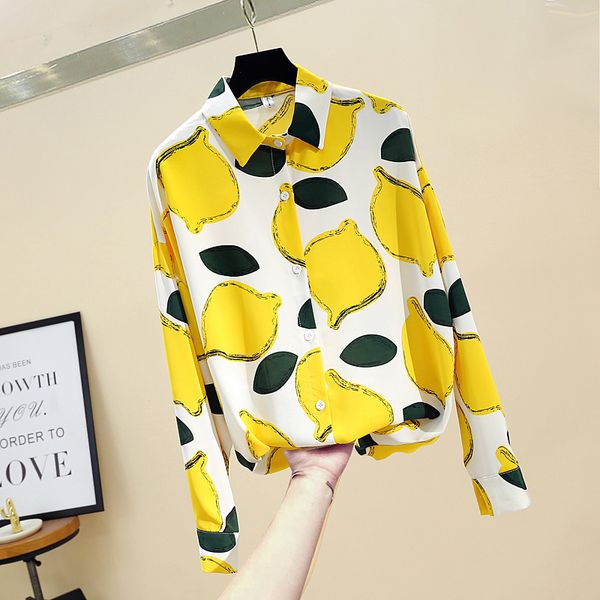 

women's blouses & shirts yellow lemon print women 2021 fashion loose long chiffon blouse female turn-down collar long-sleeve shirt, White
