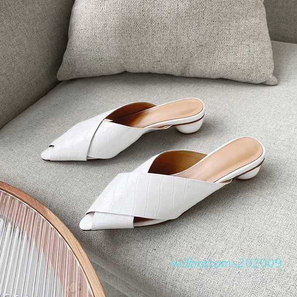 

shallow genuine leather women slippers mules 2020 spring summer slingbacks low heels pumps working casual shoes woman r09, Black