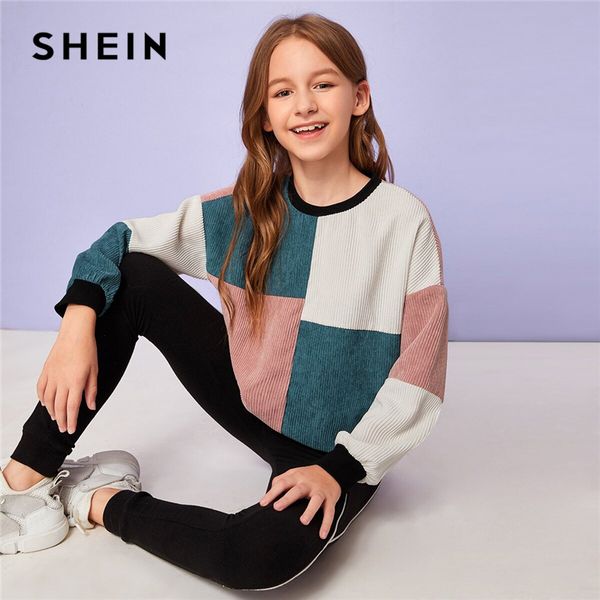 

shein kiddie drop shoulder corduroy colorblock casual sweatshirt kids 2019 autumn multicolor bishop sleeve winter pullovers, Black