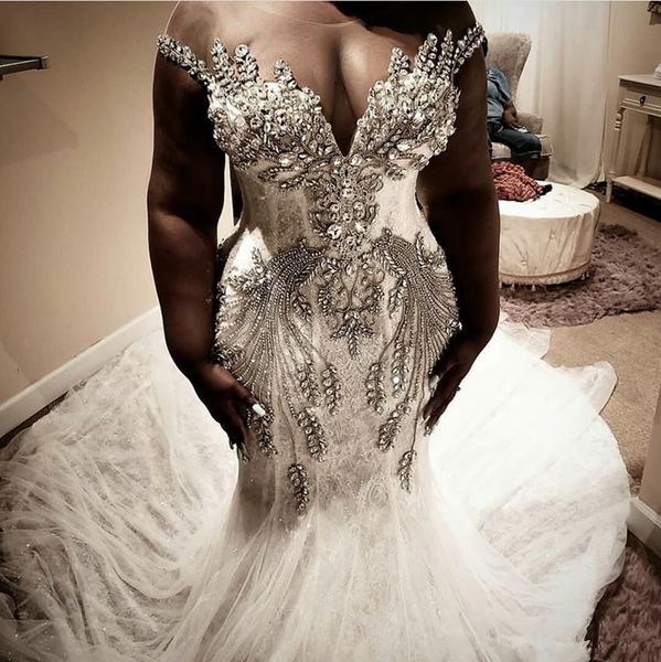 

south african plus size mermaid wedding dresses 2020 sheer cap sleeves crystals lace beaded sweep train wedding dress robes de mariée, White