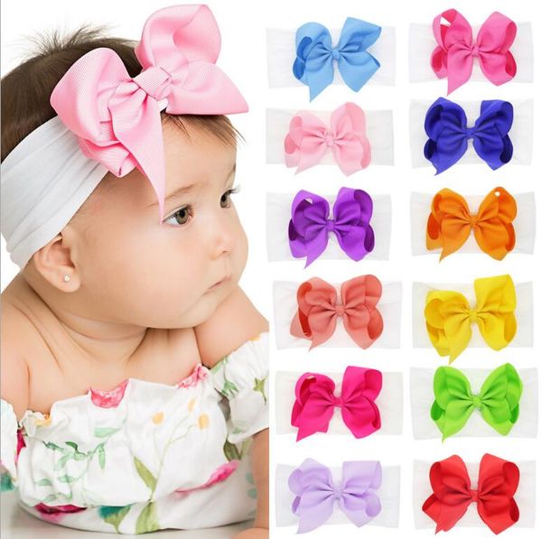 

12 цветов 5" лента для волос лук нейлона ободков детей нейлон лук hairband bowknot галстуки детские девочка аксессуары для волос 24pcs, Slivery;white