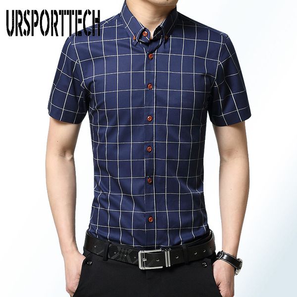 

men's dress shirts ursporttech plaid shirt men summer short sleeve slim fit checkered 2021 camisa social masculina chemise homme, White;black