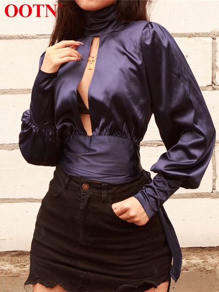 

ootn long sleeve silk blouse tunic women shirt ladies crop female vintage backless turtuleneck shirts summer 2019 new, White